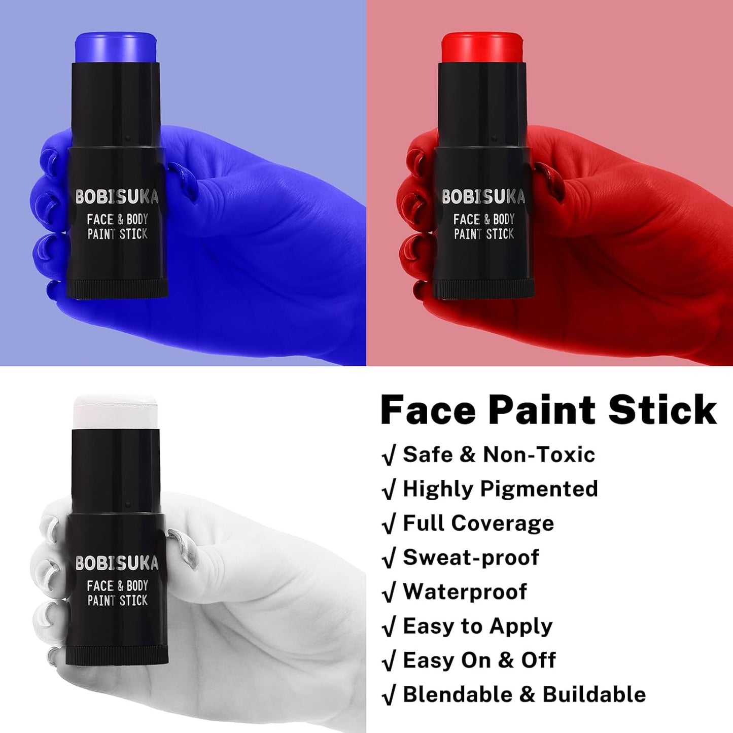 Red White Blue Face Paint Stick Kit - Eye Black for Football, Baseball & Halloween
