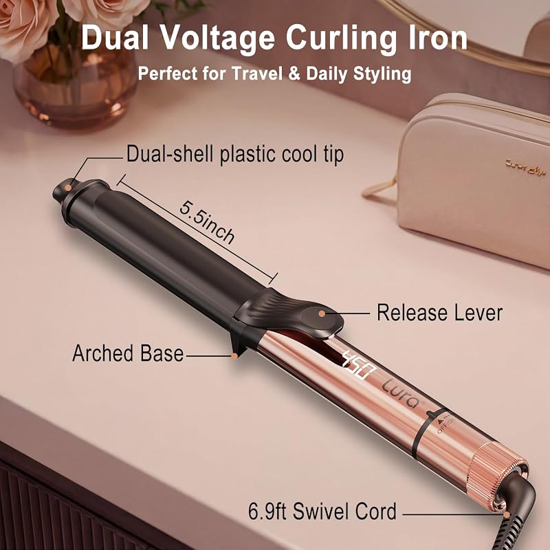 1.25 Inch Oval Ceramic Curling Iron with Temperature LCD - Long Barrel Pro Curling Wand, Auto Shut-Off