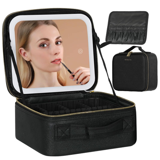 Behaesty Travel Makeup Bag with LED Lighted Mirror, Cosmetic Makeup Organizer Bag with 3 Color Setting, Makeup Train Case with Adjustable Dividers for Women Makeup Brushes Jewelry Accessories (Black)