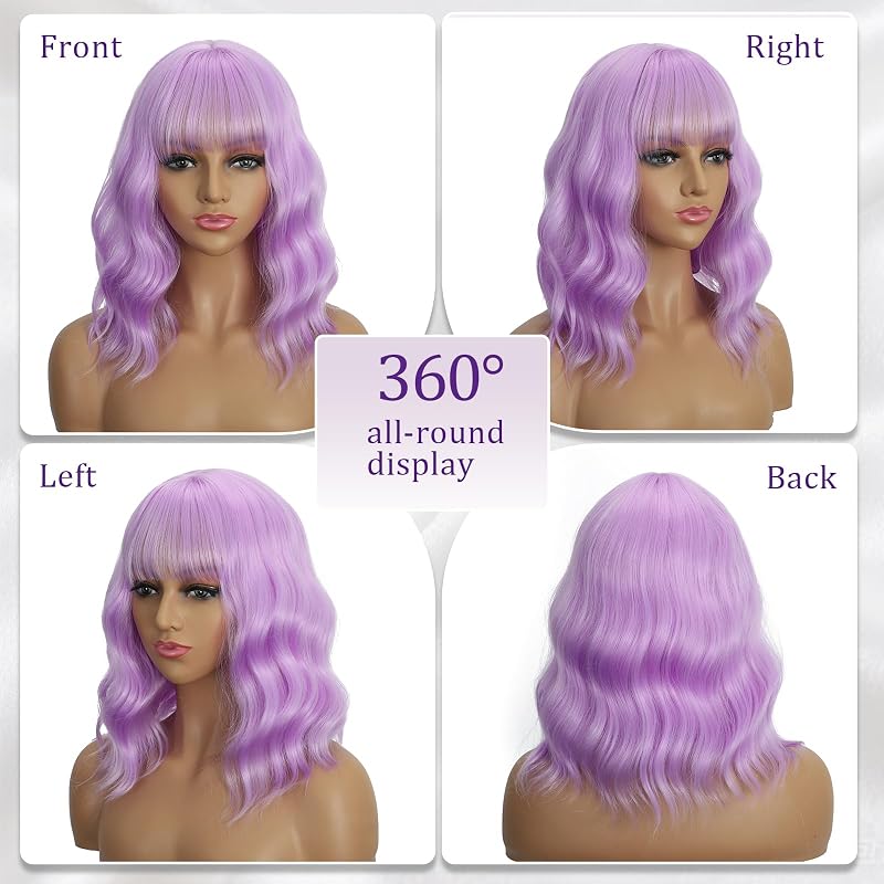 Purple 14-Inch Wavy Bob Wig with Bangs for Women – Heat-Resistant Synthetic Cosplay