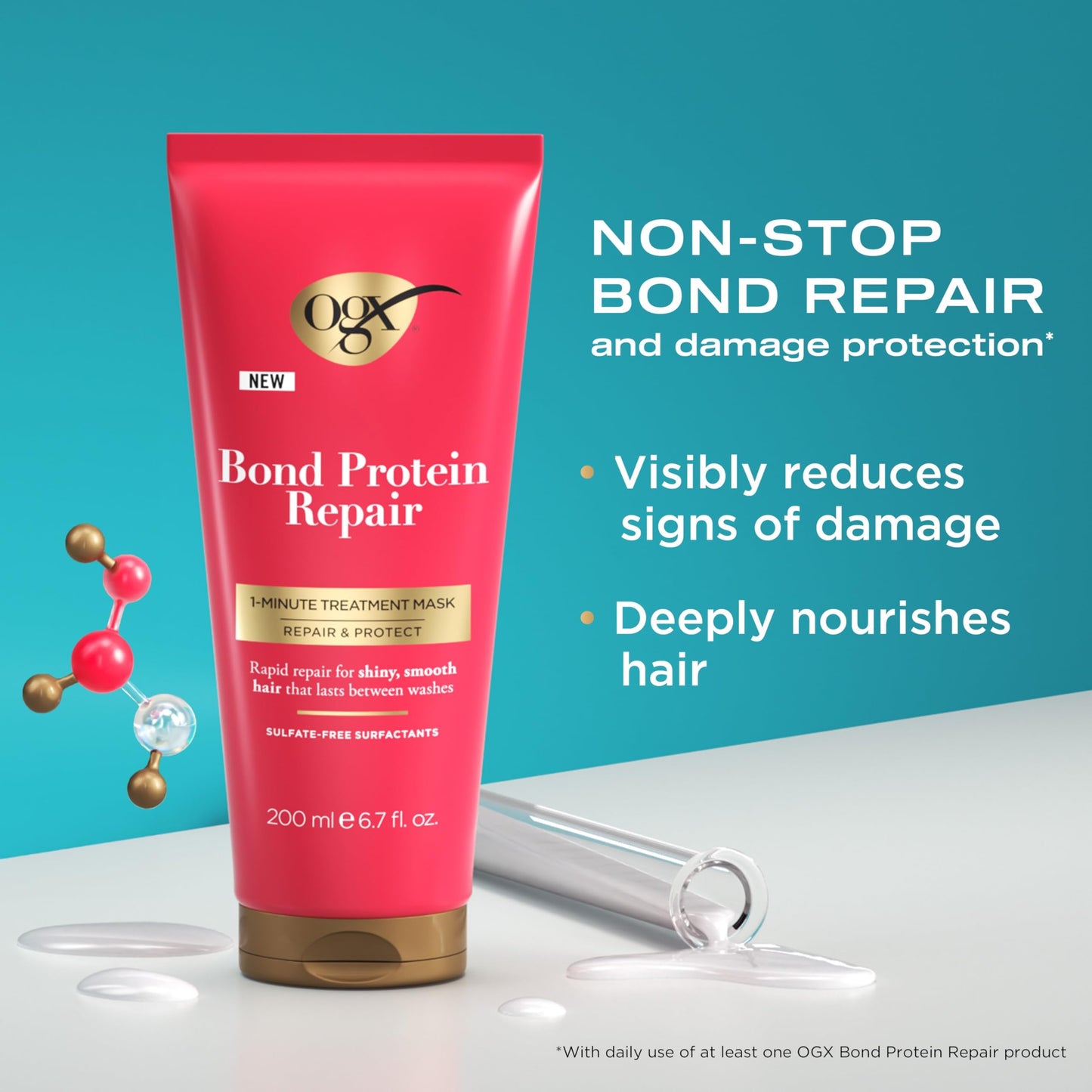 OGX Repair & Protect Bond Protein Repair 1-Minute Treatment Mask, Deep Conditioning Hair Mask Rapidly Repairs for Shiny, Smooth Hair That Lasts Between Washes, 6.7 fl. oz