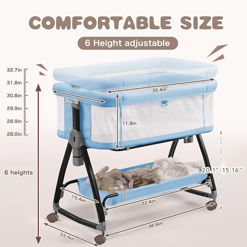 Feelogos Baby Bassinet Bedside Sleeper with Mattress, 6-Height Adjustable Co-Sleeper with Mesh, Storage - Blue