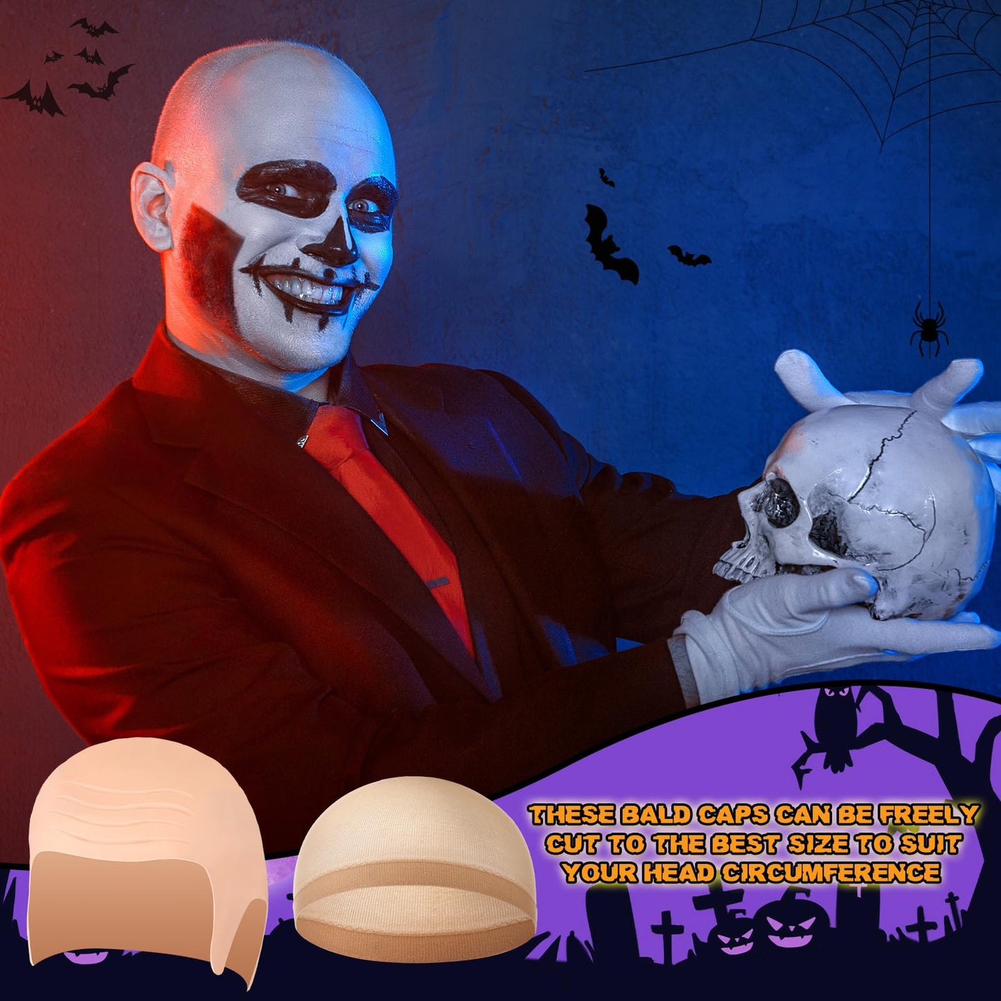 Wavwavw 2 Pcs Halloween Bald Cap Nylon Wig Caps Makeup Latex Head Caps for Women Men for Halloween Party Cosplay Theater(Wrinkle Skin,L)