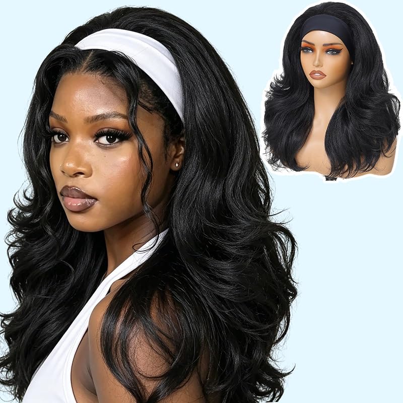 Glueless 16 Inch Wavy Wig with Headband – X-TRESS Natural Black Detroit Layers OS Variation