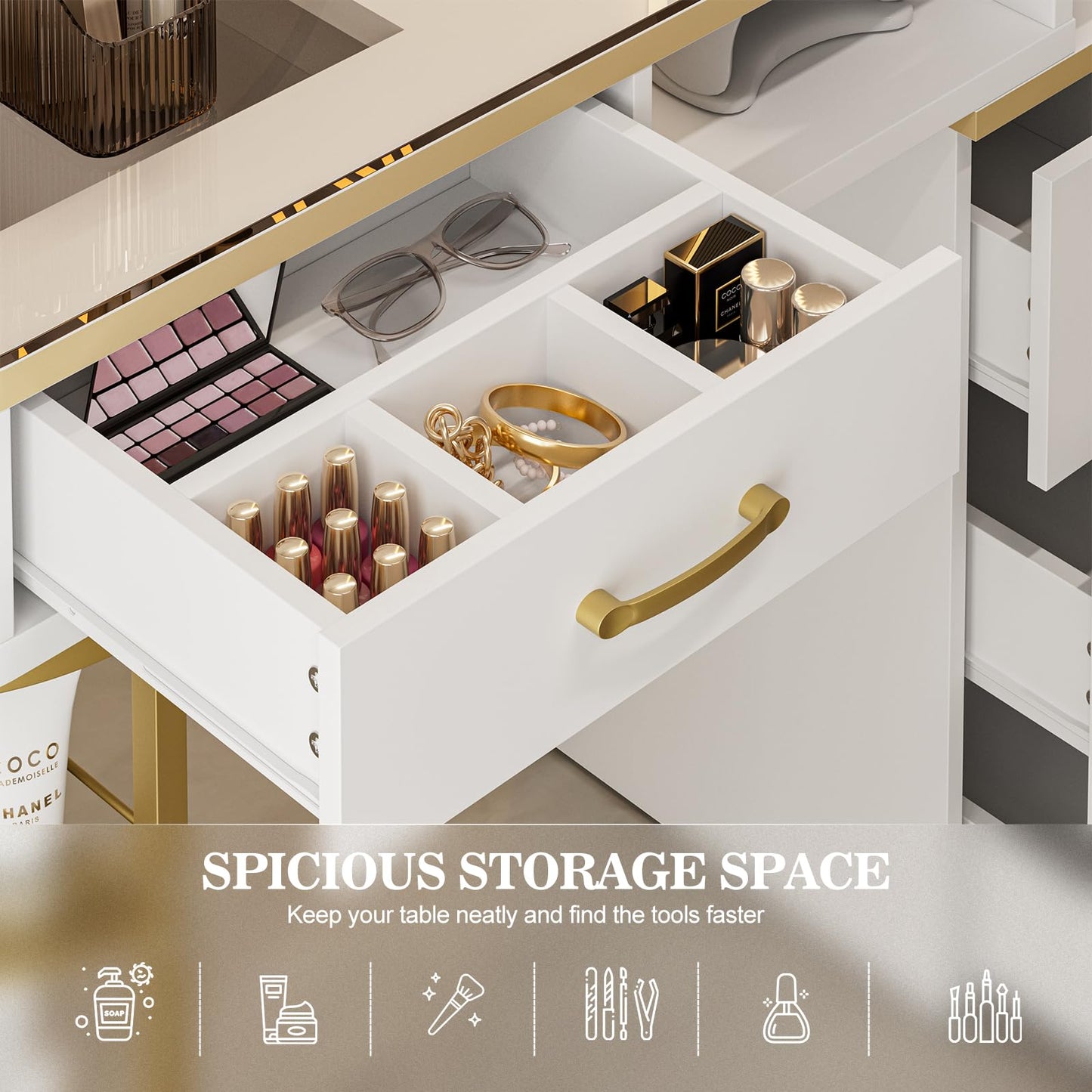 Paddie Manicure Table for Nail Tech, Glass Top Nail Desk Station w/4 Drawers & 2-Tier Storage Shelves, Salon Beauty Workstation Acetone Resistant w/Wrist Cushion, Golden Handles (White)