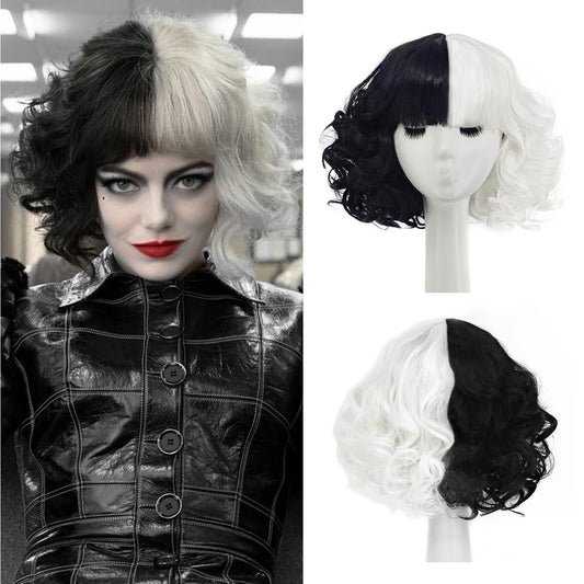 Juziviee Black and White Wigs for Cruella Costume Women Short Curly Wavy Hair Wig with Wig Caps Cute Synthetic Wigs for Party Halloween JZ005BW