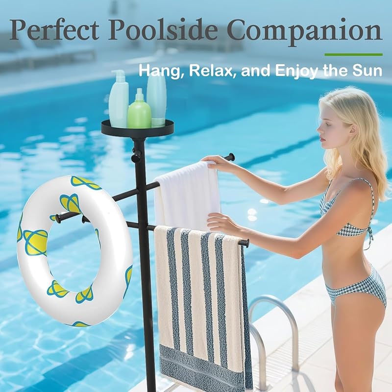63 Inch Outdoor Pool Towel Rack with Built-In Tray and Wheels