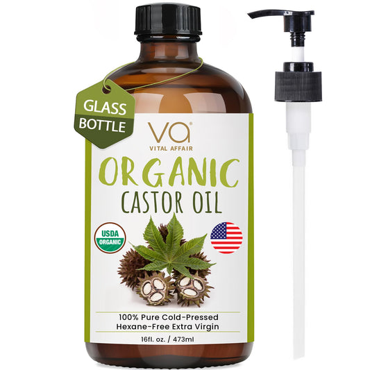 VITAL AFFAIR Pure Castor Oil Organic Cold Pressed Unrefined Glass Bottle-USDA Certified for Castor Oil Pack Wrap for Face,Hair Growth,Eyelashes,Eyebrows-16oz