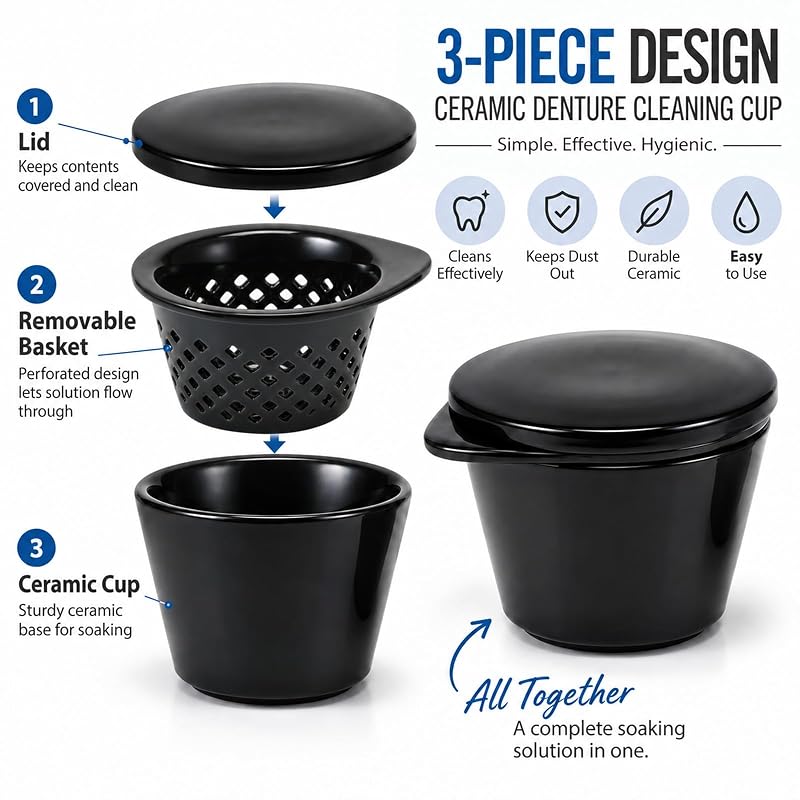 Ceramic Denture Cleaning Cup with Lid & Removable Basket - 3-Piece Stacking Soaking Container, Black