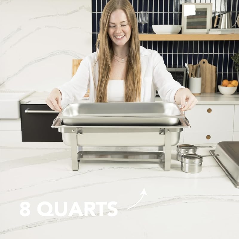 2 Pack 8 Qt Chafing Dishes, Stainless Steel with Alpine Gray Handles - Complete Set