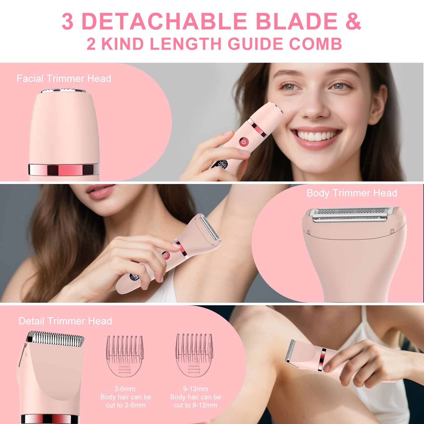 Zivelier 3-in-1 Electric Razor IPX7 Waterproof Bikini Trimmer Wet & Dry Use Painless Personal Trimmer Groomer for Ladies Face Body Legs Bikini Public Hairs Electric Lady Shaver with Replaceable Heads