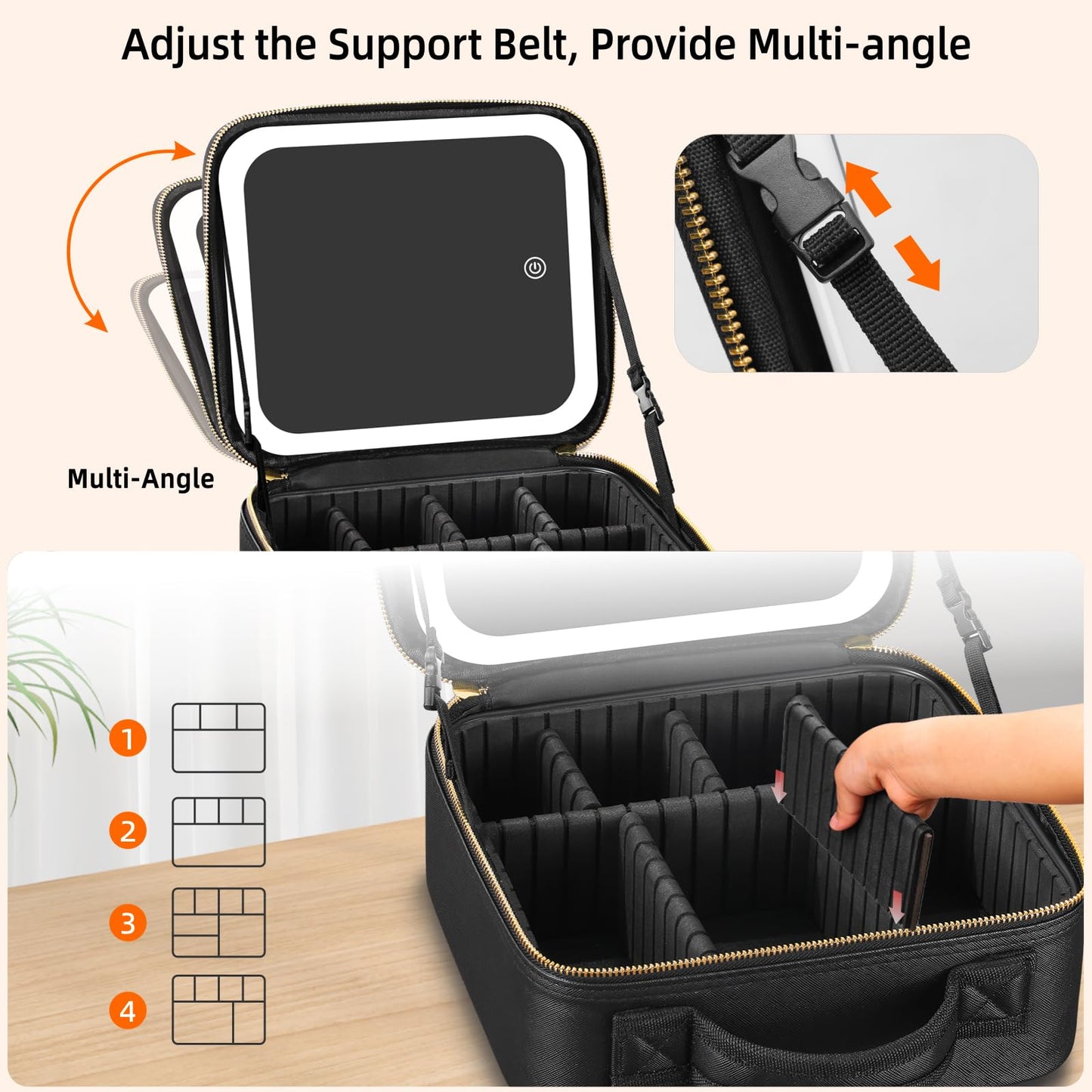 RRtide Travel Makeup Bag with Mirror of LED Lighted, Makeup Train Case with Adjustable Dividers, Makeup Case with Mirror and Detachable 10x Magnifying Mirror