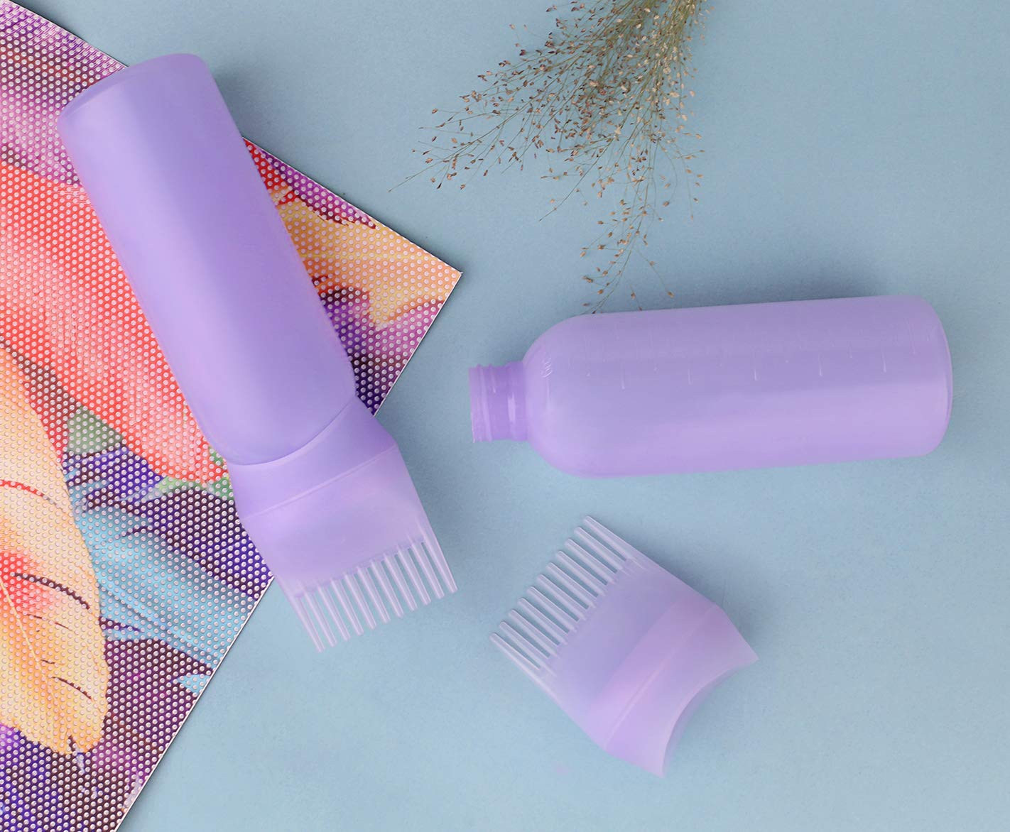 Yebeauty Root Comb Applicator Bottle, 2 Pack 6 Ounce Hair Oil Applicator Bottle for Hair Dye Bottle Applicator Brush with Graduated Scale- Purple
