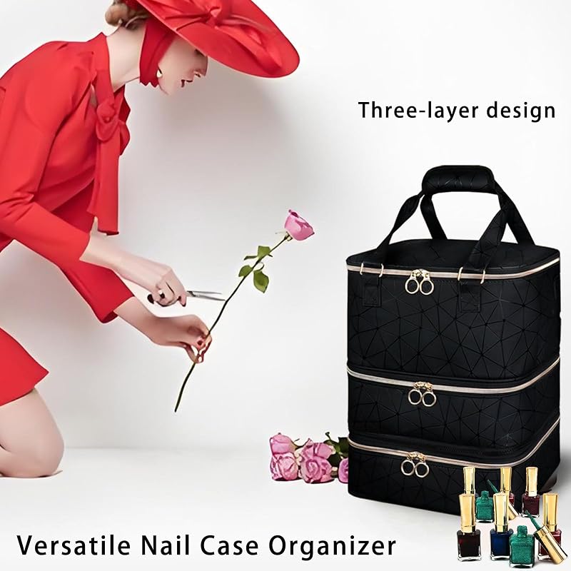 Nail Polish Organizer & Storage Case Holds 84 Bottles 3-Layer PU Leather Bag with UV Lamp (Black) - Detachable & Portable