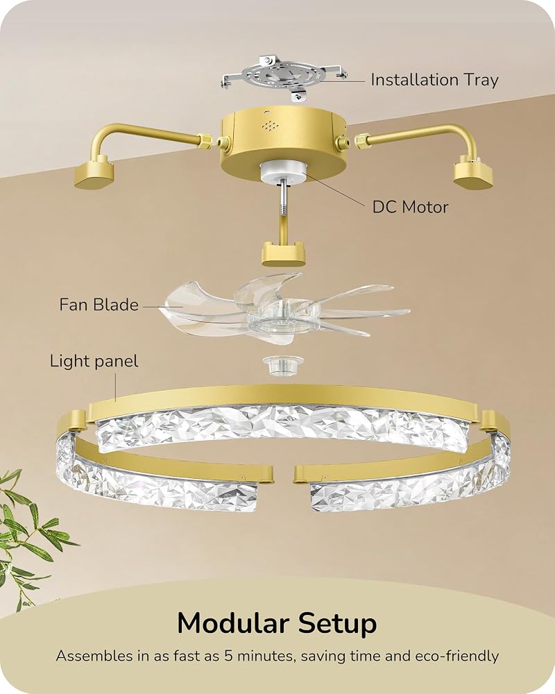 Edishine 20'' Ceiling Fan with Light - Low Profile Flush Mount, Gold Variation