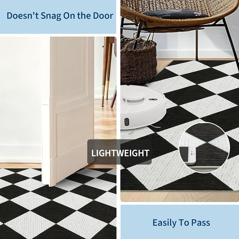 5' x 7' Black & White Checkered Area Rug - washable, non-slip backing