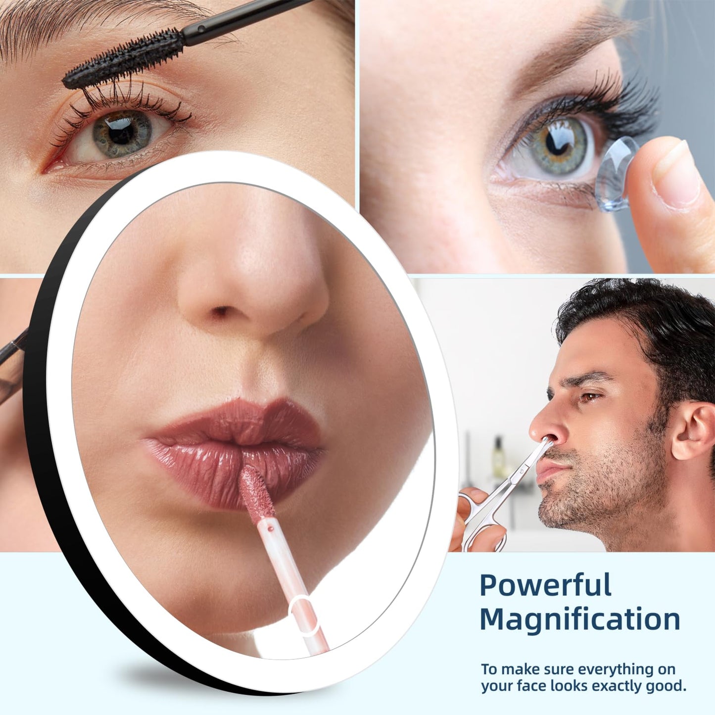 JJhxr 10X Magnifying Mirror with Lights, 10x Magnified Mirror with 3 Suction Cups, 3 Color Dimmable Lighted Makeup Magnification 6inch Travel 10X Magnification with Tweezers & Scissors