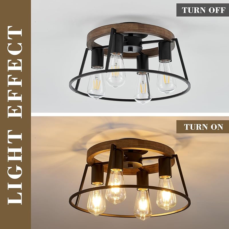 Farmhouse Wood Semi Flush Mount Ceiling Light Fixture, 4-Light Black Rustic Lamp - Black & Wood Variation