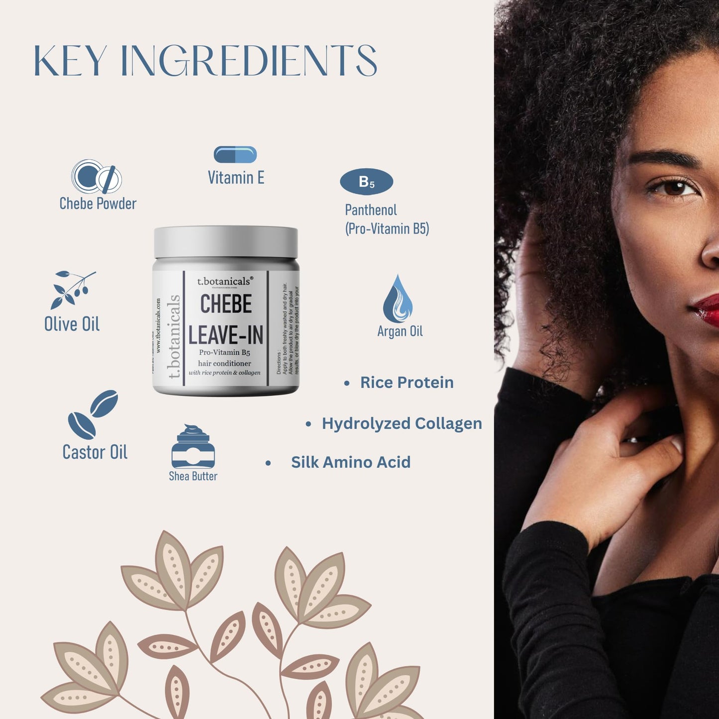 t.botanicals Chebe Leave In Conditioner Hair Growth with Provitamin B5, Thickening Strengthening Chebe Butter, Chebe Powder, Chebe Oil, Silk Amino Acids, Collagen (Lavender, 4 Ounce)