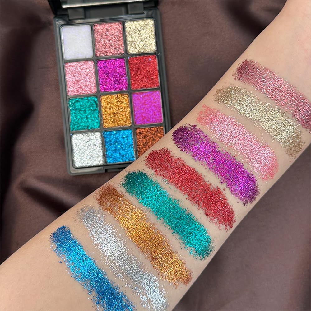 12 Colours Pearly Glitter Eyeshadow Palette, Sparkle Sequin Pearly Finish, Long-Lasting and Highly Pigmented Eyeshadows for Festive Look Carnival/Mardi Gras/Masquerade
