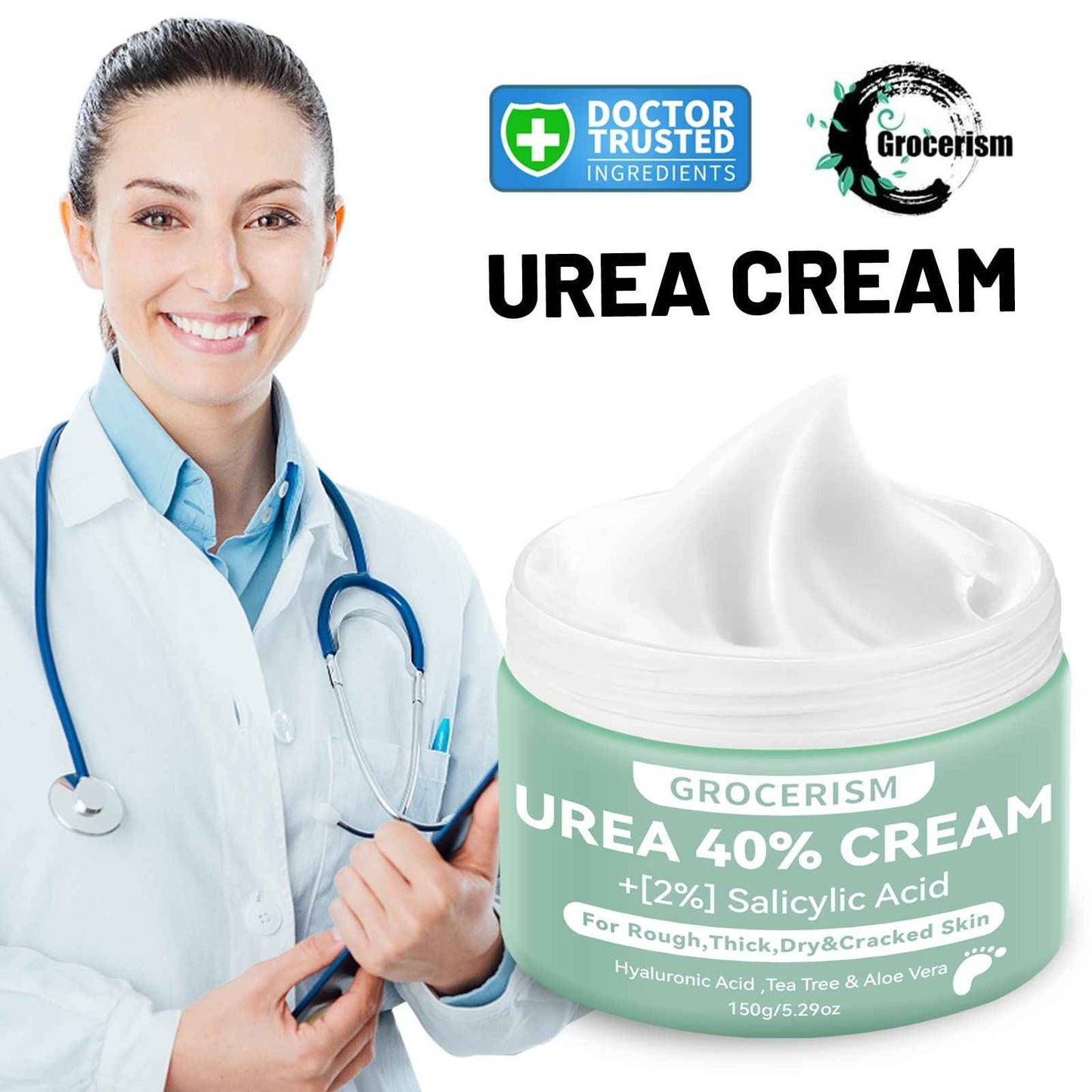 Grocerism 2 Packs Urea Cream 40% Plus 2% Salicylic Acid 5.30 oz || Foot Cream Maximum Strength with Hyaluronic Acid, Tea Tree, and Aloe Vera for Deep Moisturizes, Callus Remover and Soften