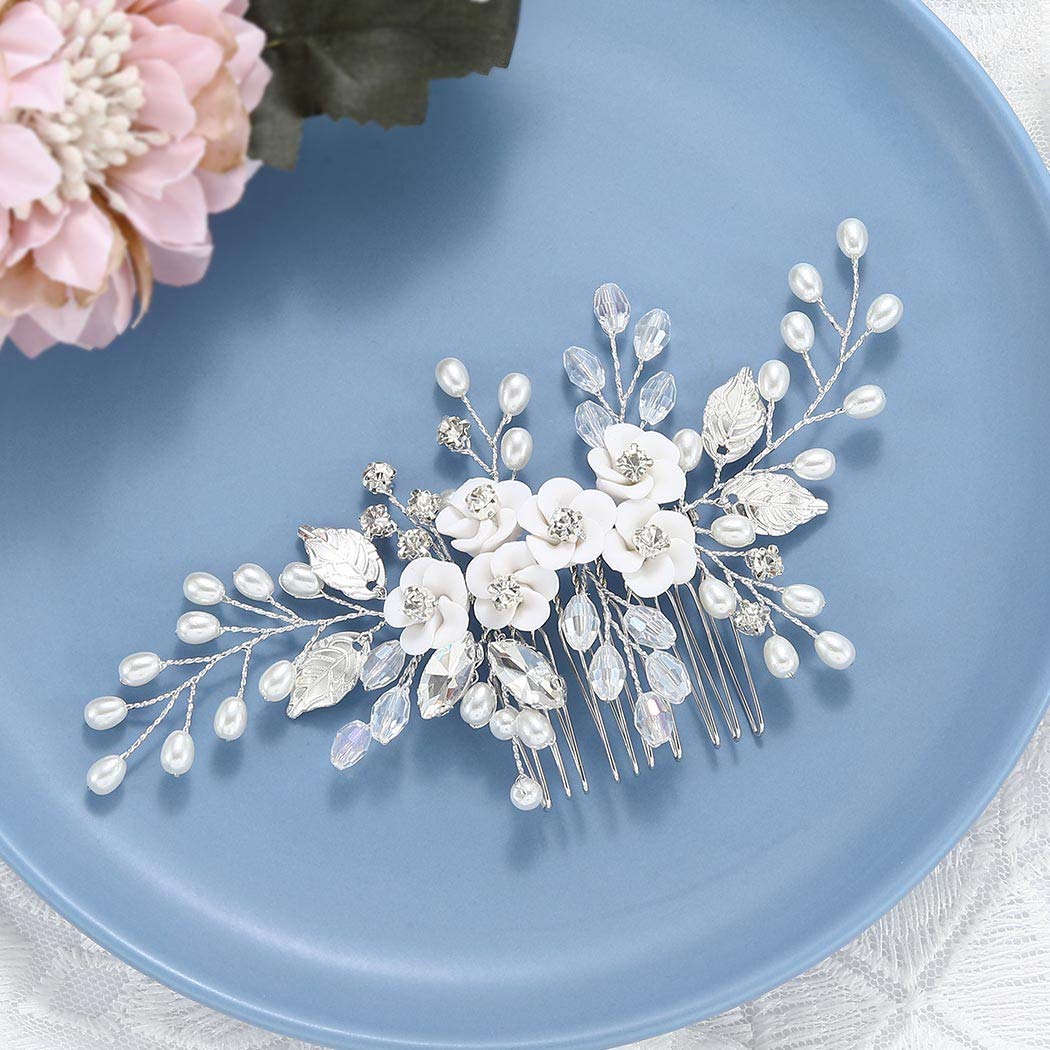 Unicra Flower Bride Wedding Hair Comb Leaf Silver Bridal Headpiece Pearl Hair Accessories Crystal Hair Piece Jewelry for Women and Girls (A Silver)