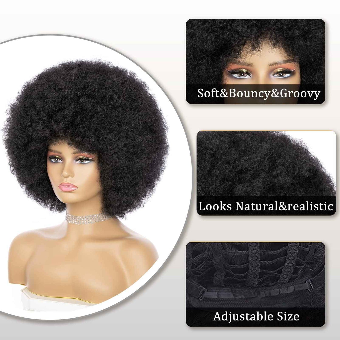JSDshine Soft Afro Wig 70s For Women Kinky Curly Hair Wigs With Bangs Natural Looking Short Curly Wig For Men Bouncy Black Puff Synthetic Hair Wig For Daily Party Use