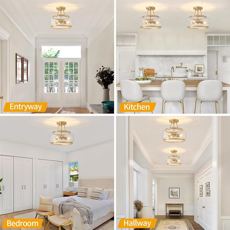 Brushed Gold 11.81in Semi-Flush Mount Ceiling Light - 3-Light Hallway Fixture (Brushed Gold)