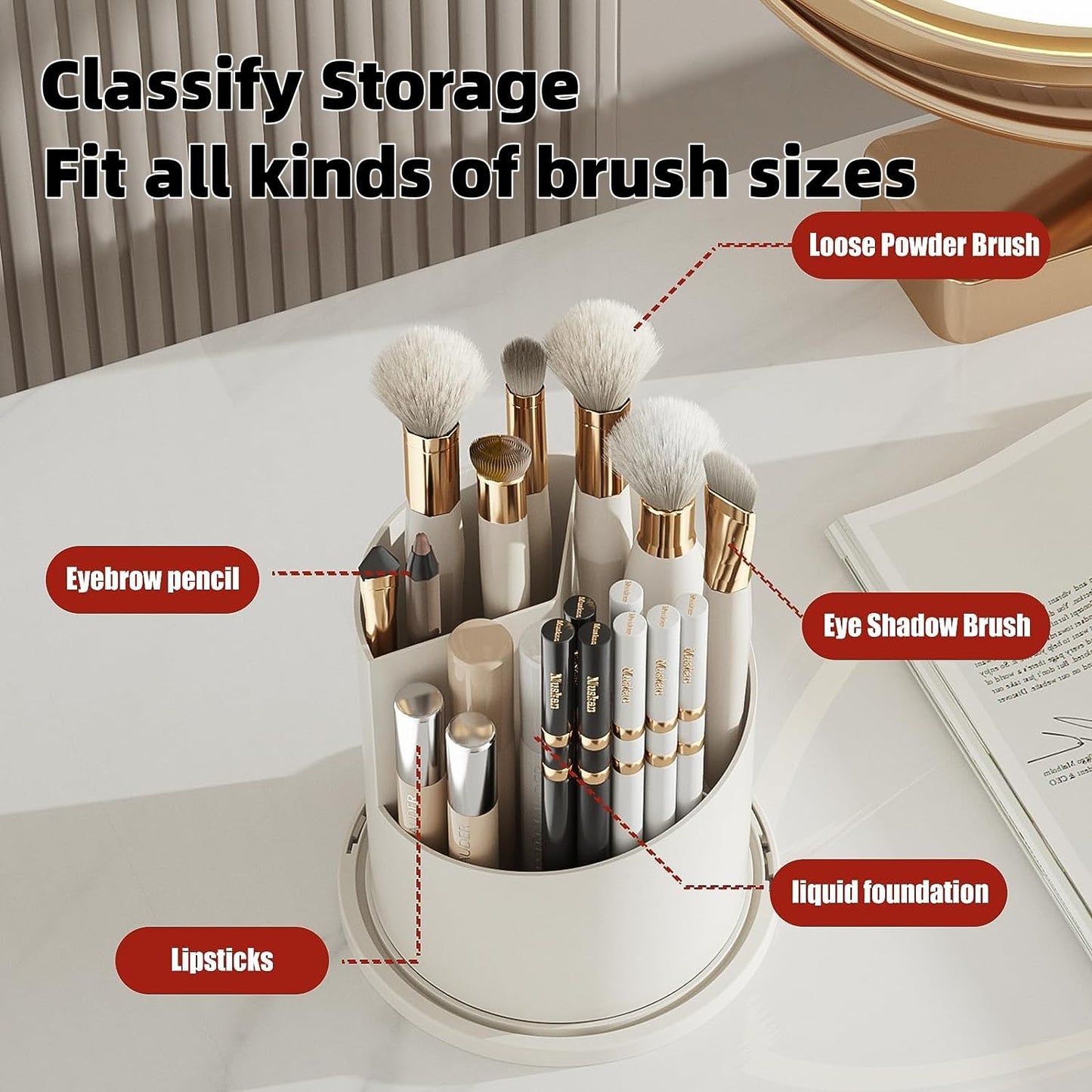 Dimmeda Makeup Brush Holder Organizer with Lid, 360° Rotating Dustproof & Waterproof Makeup Brushes Organizer for Vanity and Bathroom, Cosmetics Make up Brush Organizer (Clear)
