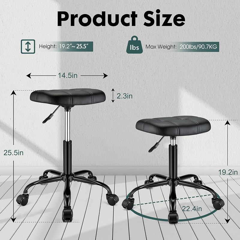 Height Adjustable Rolling Stool with Wheels - Square PU Leather Salon Chair, 19.6-25.5 in