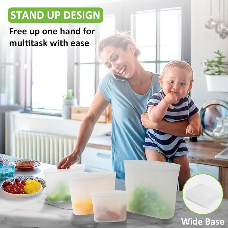 16 Pack 100% Silicone Reusable Food Storage Bags Set, Stand-Up Wide-Mouth, 2XL/4L/4M/4S/XS, Microwave & Dishwasher Safe, Translucent