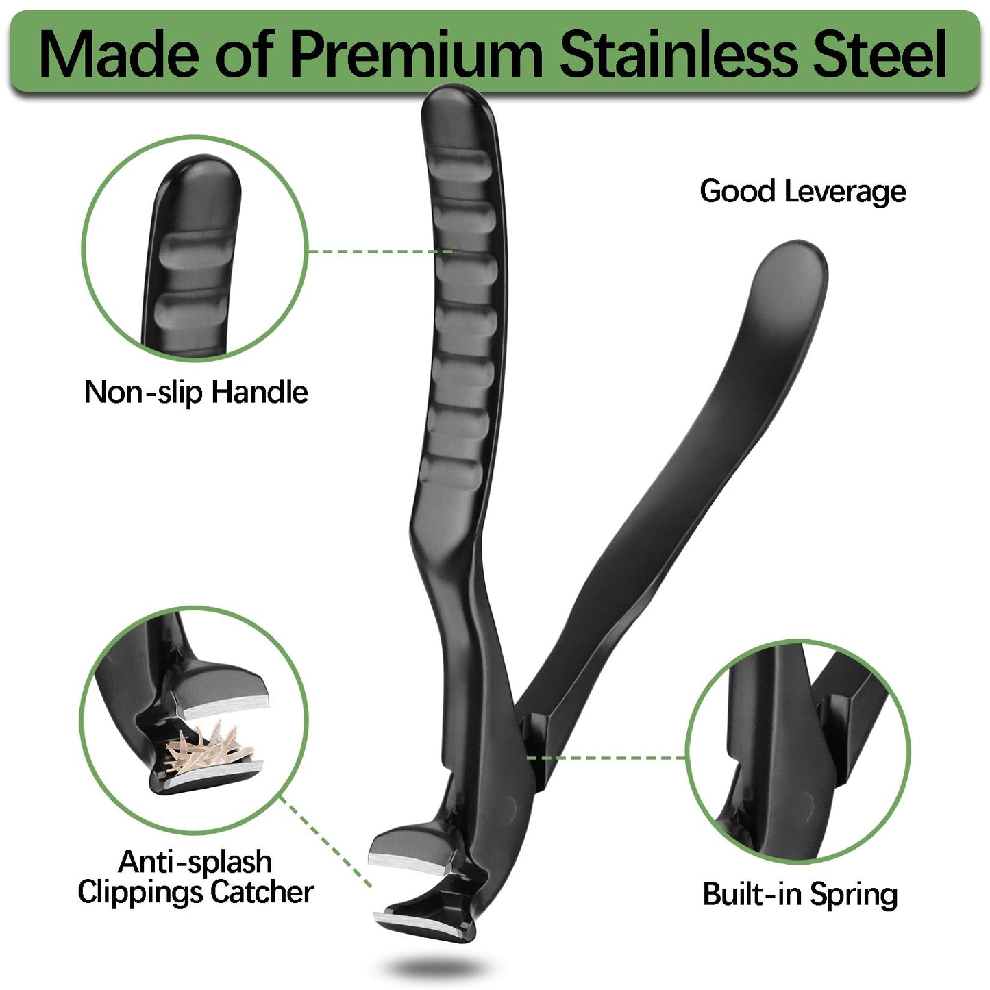 VOGARB Long Handled Toenail Clippers for Thick Toenails, Ergonomic Non-Slip Toe Nail Clippers for Thick Nails for Seniors, Men, Angled Head Wide Jaw Opening Anti-Splash (Black)