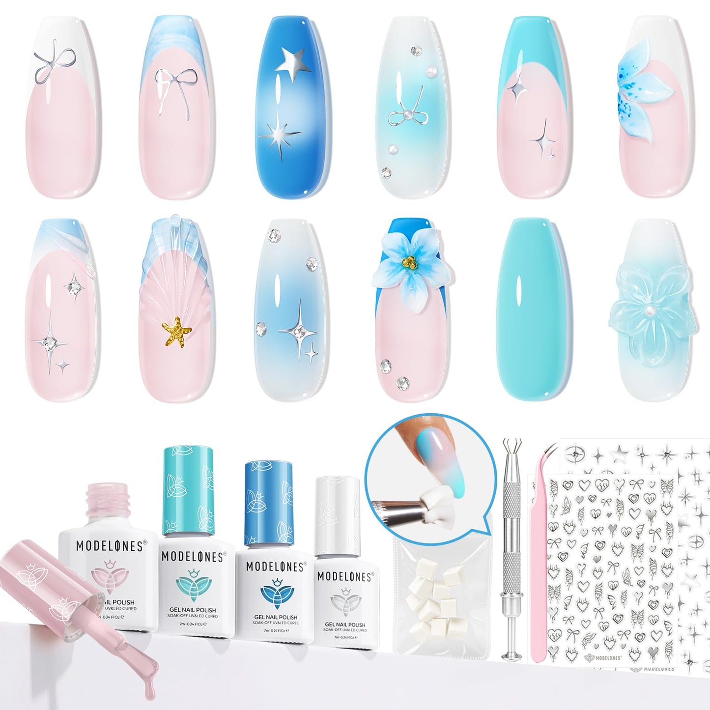 modelones Gel Nail Polish Kit White French Jelly Pink Pastel Blue Ocean Gel Polish Set with 10 Pcs Nails Sponge for Ombre & Stickers, 4 Colors Gel Mini Salon Home DIY Trend Manicure Gift for Women