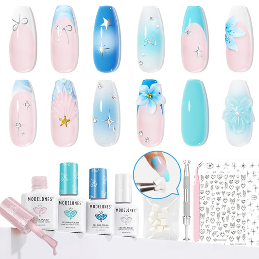 modelones Gel Nail Polish Kit White French Jelly Pink Pastel Blue Ocean Gel Polish Set with 10 Pcs Nails Sponge for Ombre & Stickers, 4 Colors Gel Mini Salon Home DIY Trend Manicure Gift for Women