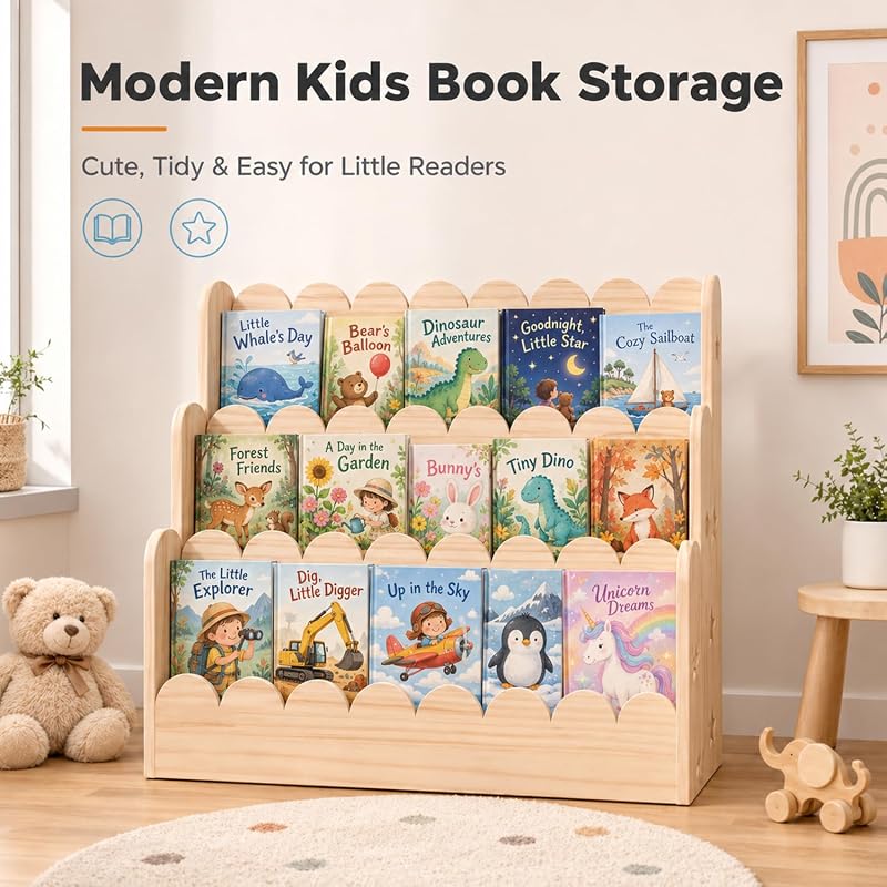 3-Tier Kids Bookshelf - Front-Facing Natural Wood Bookcase