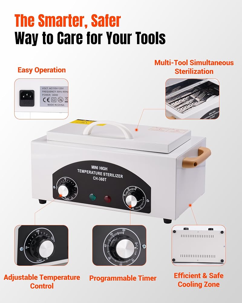 White High-Temp Nail Tool Cleaning Box, 1.5L, 110V/300W with Adjustable Timer