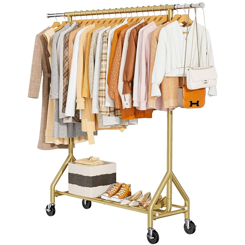 HYSEYY Gold Heavy-Duty Rolling Clothes Rack 450 LBS - 68.5in Wide, Wheel Locks