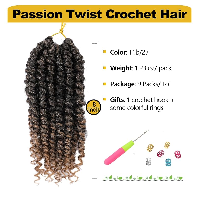 Forevery Pre Twisted Passion Twist Crochet Hair 8 Inch - 9 Packs, T1b/27#+8 Inch