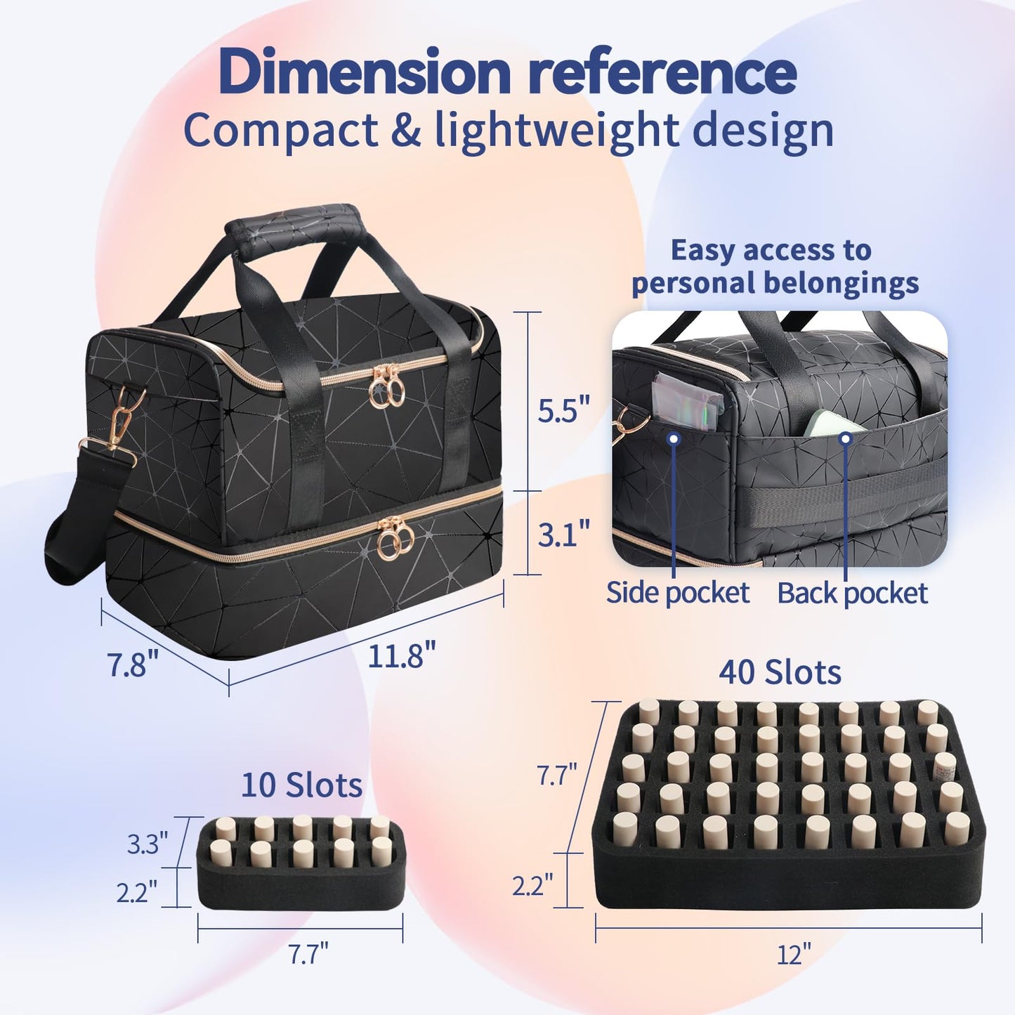 Partreko Nail Polish Organizer Holds 50 Bottles (15ml/0.5 fl.oz)& Nail Lamp, PU Leather Nail Organizers and Storage Bag with Shoulder Strap, Portable Nail Supplies Kit Organizer Carrying Case (Black)