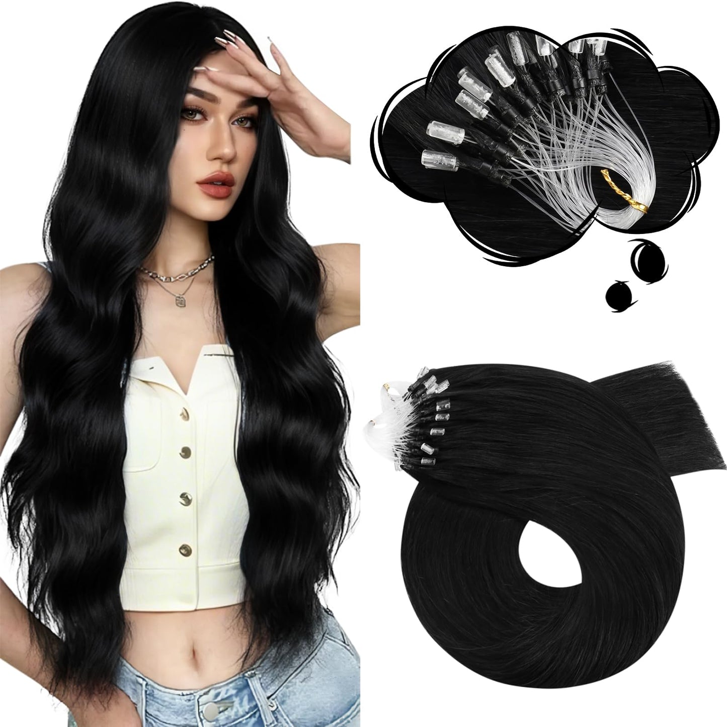 Moresoo Micro Loop Hair Extensions Real Human Hair Jet Black Micro Beads Extensions Human Hair 16 inch Micro Link Hair Extensions Human Hair Black 50G/50S