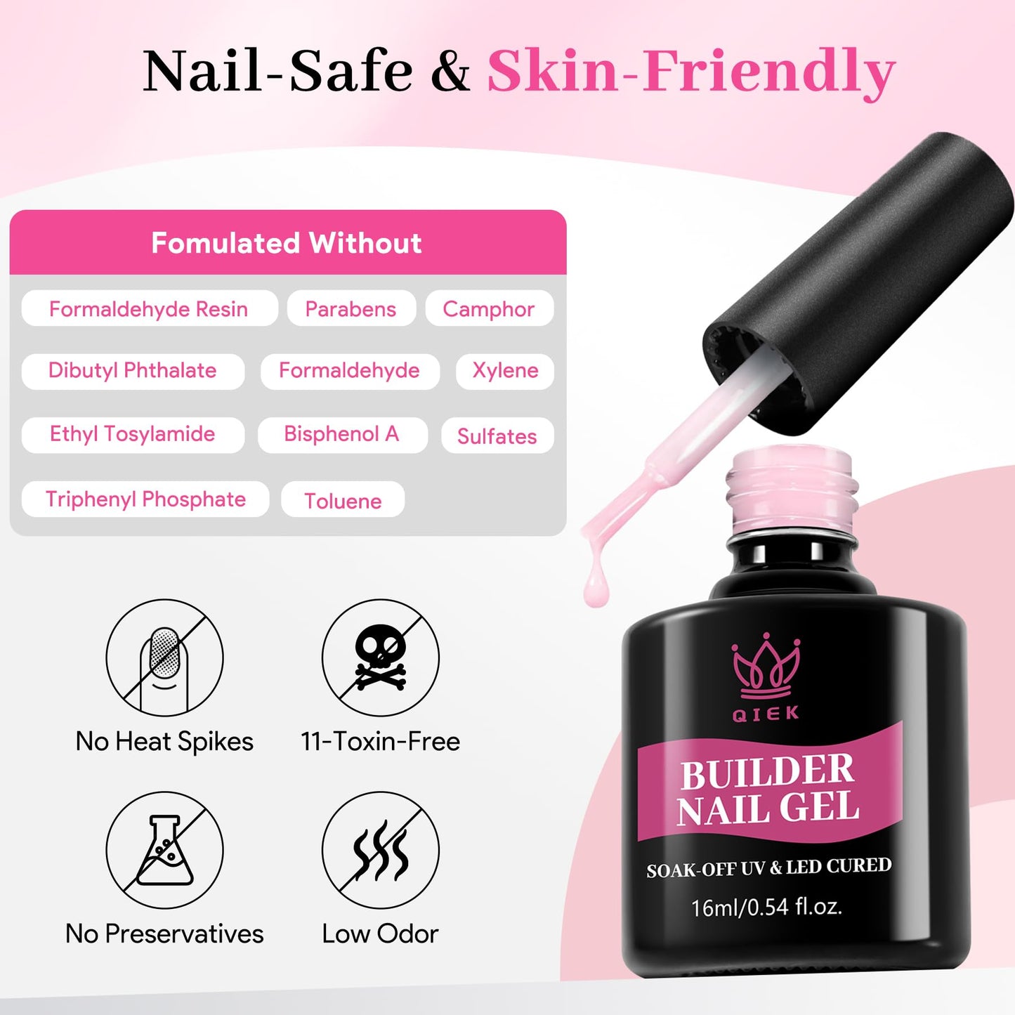 QIEK Baby Pink Gel Polish Builder, 8-in-One Builder Pastel Pink Nail Polish Strengthener Apex Enhancement Extension Hard Building Gel LED Lamp Cured Rubber Base Coat for DIY Salon Manicure Gifts 2025