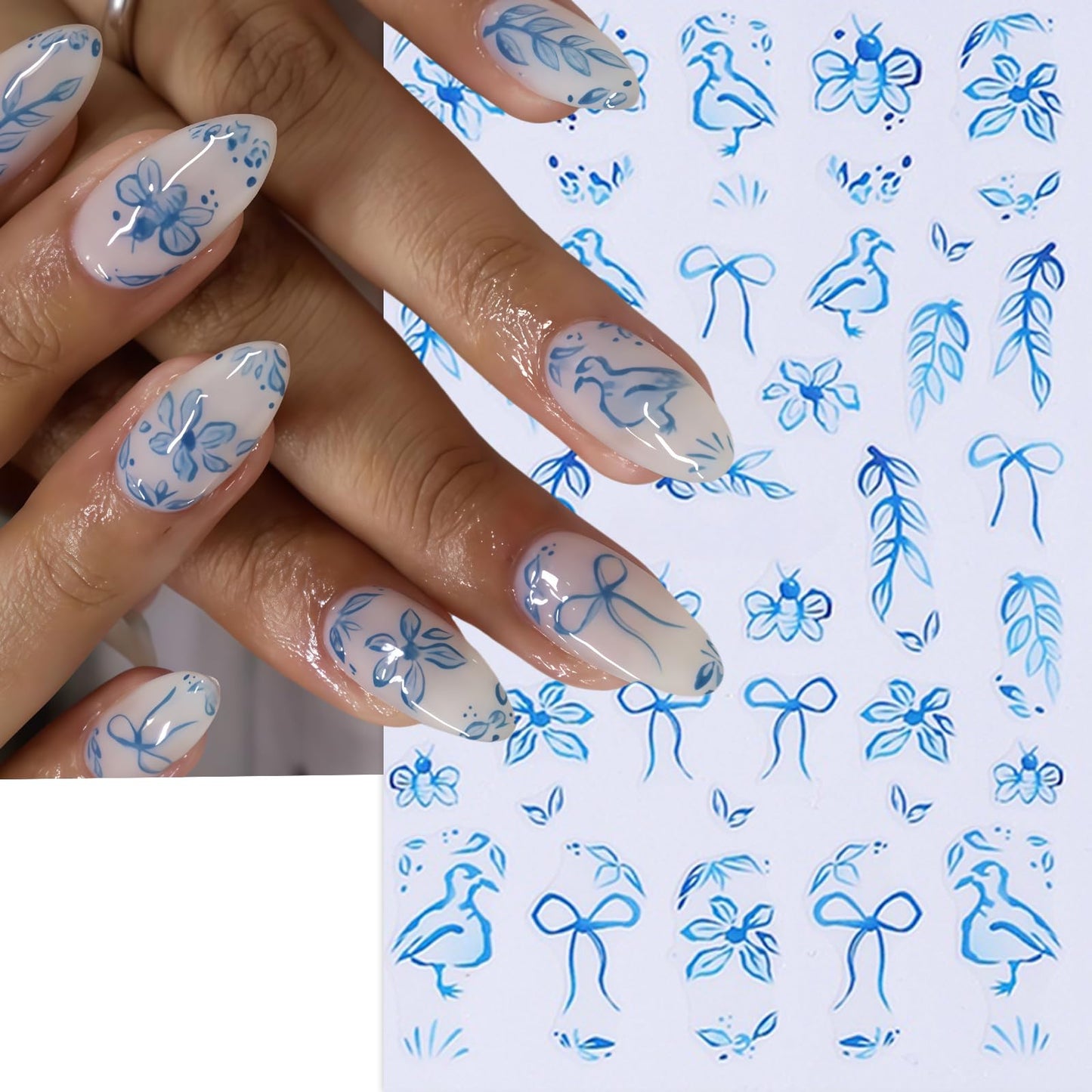 8Sheets Flower Nail Stickers for Nail Art Blue Bow French Line Nail Decals 3D Self-Adhesive Butterfly Leaf Floral Designs Nail Supplies Manicure Accessories for Spring Summer DIY Nails Art Decoration