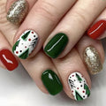 Christmas Press on Nails Short Square Fake Nails Press ons with Golden Glitter Christmas tree Design False Nails Red Green Full Cover Glue on Nails Glossy Christmas Stick on Nails for Women 24Pcs