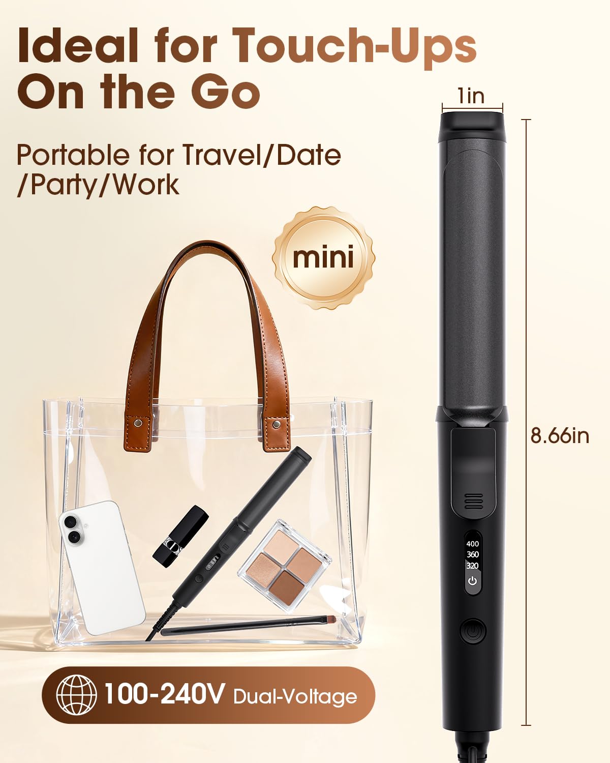 Mini Curling Iron 1inch,320-360-400°F Temperature, 100~240V Dual Voltage Travel Compact Curling Iron,30S Heat-Up, Portable Hair Styling Tool, Heat-Resistant Protective Cover,Short Hair