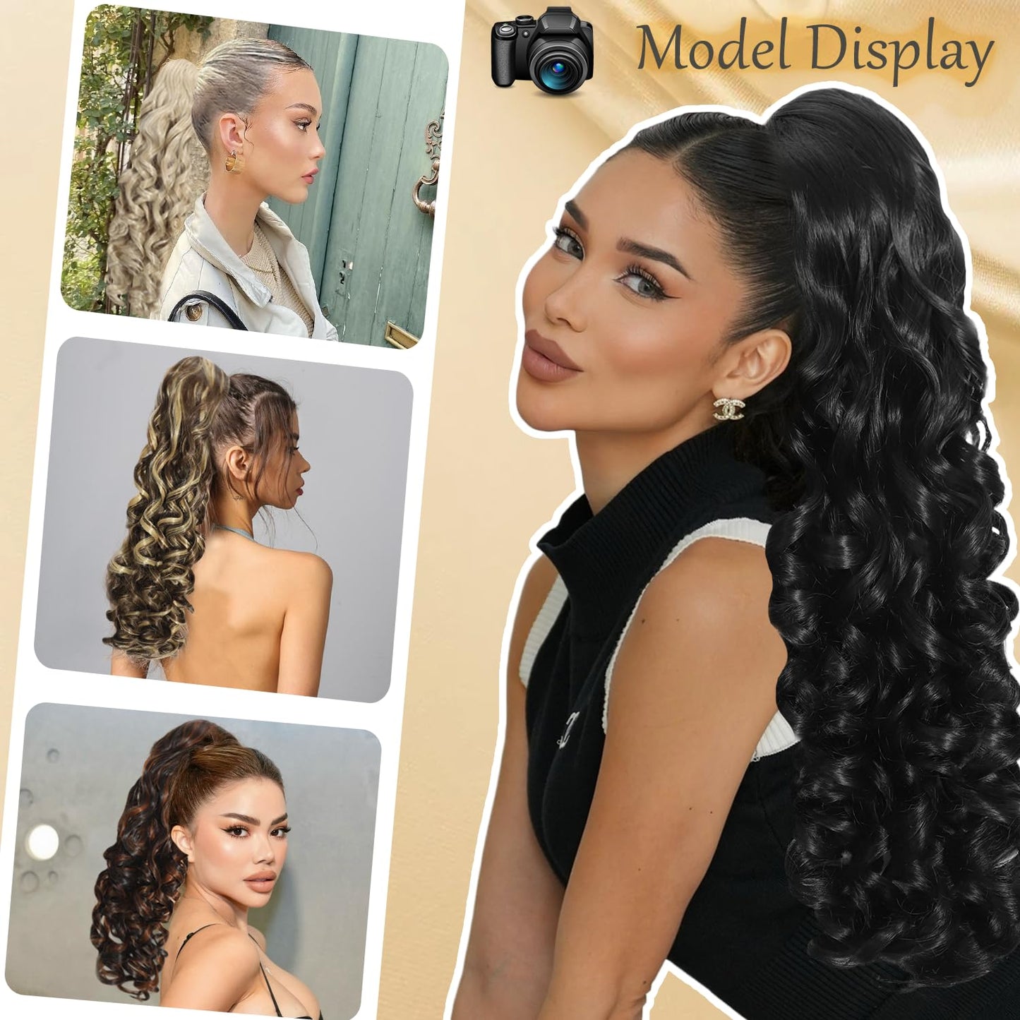 HYJ Ponytail Extension 20 Inch Curly Ponytails Drawstring Ponytail for Women Black Pony Tails Hair Extensions Synthetic Hairpiece for Daily Use(40h/30)
