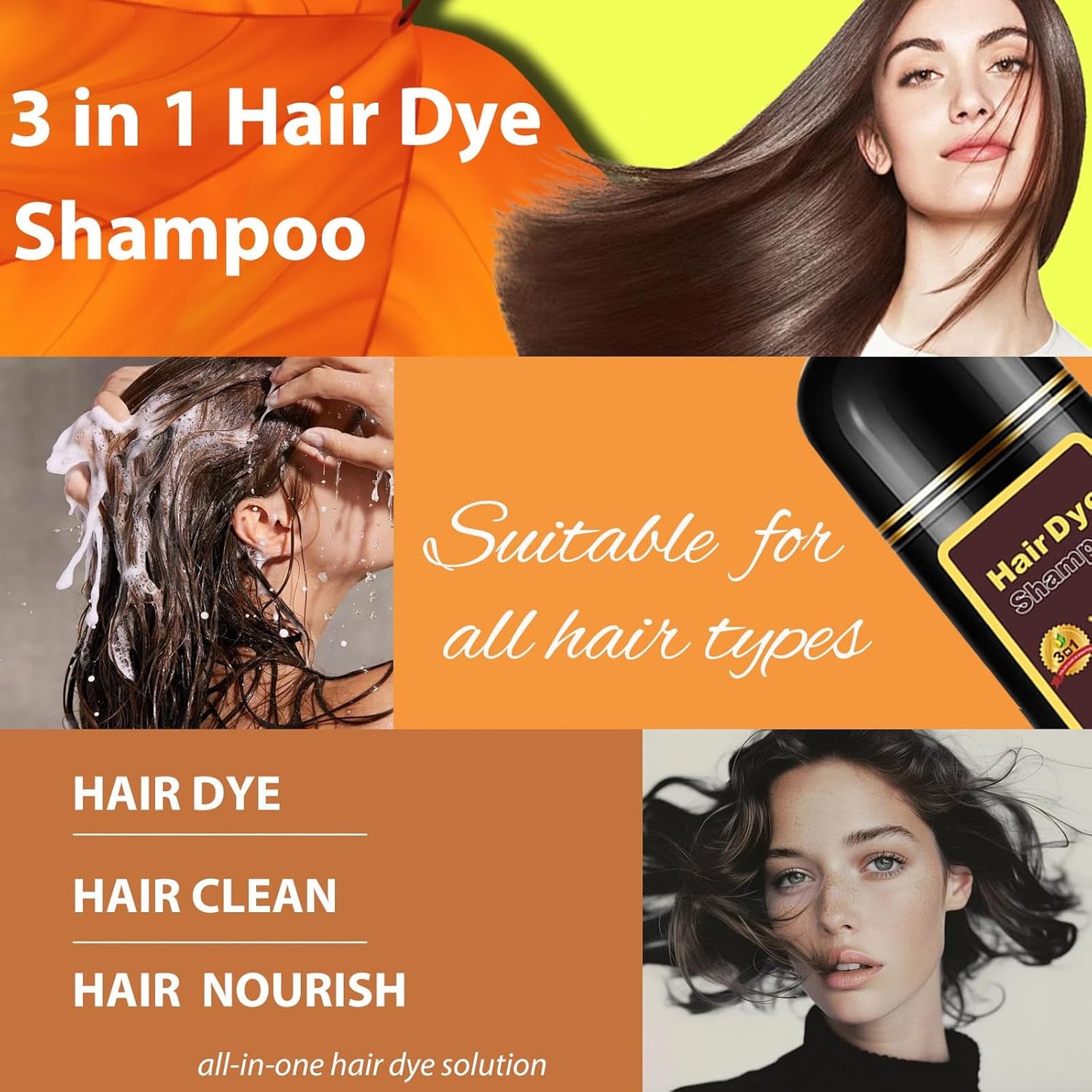 Natural Dark Coffee Hair Dye Shampoo 3-in-1 for Long-Lasting Gray Coverage - 16.9 Fl Oz