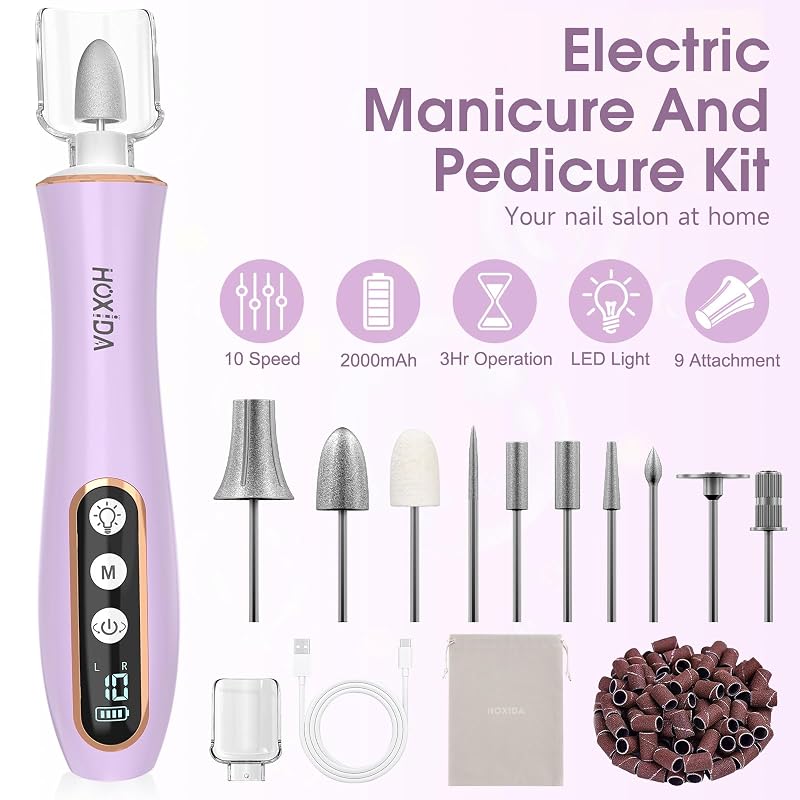 Hoxida Cordless Nail Drill 2000RPM | Purple – USB-C Rechargeable Nail File with 360° LED Light, LCD Display