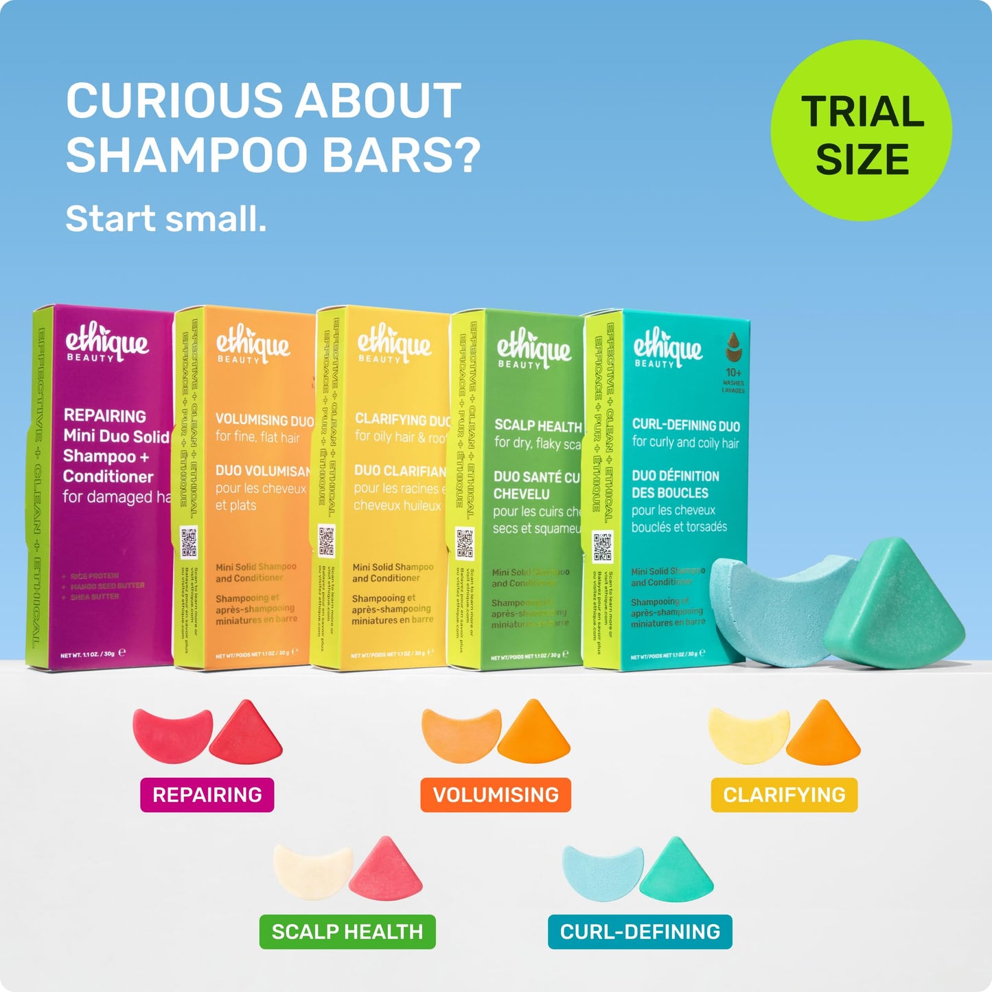 Ethique Beauty Mini Sampler Solid Shampoo & Conditioner Bar Set - Curl-Defining Shampoo & Conditioner with Shea Butter