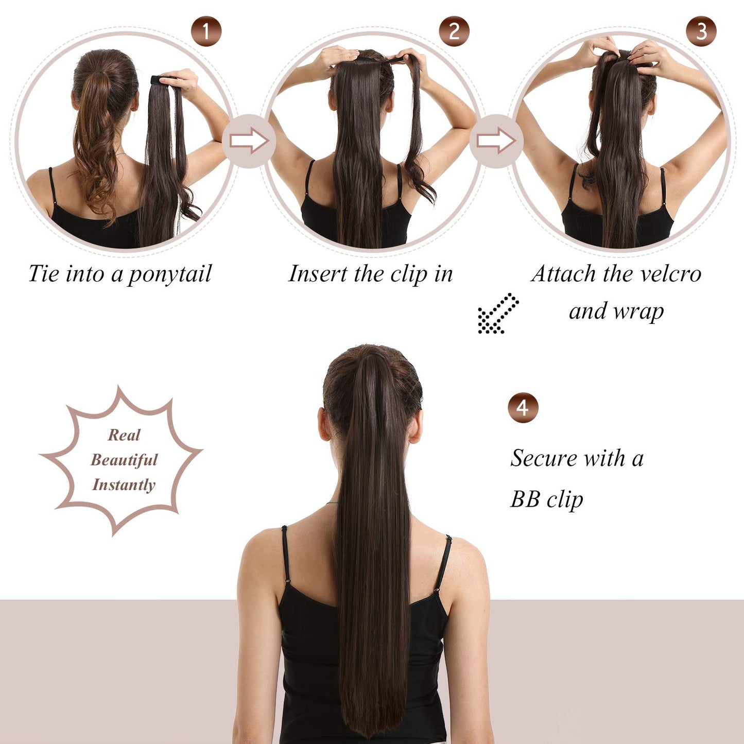 BARSDAR Natural Black Straight Ponytail Extension - 26 Inch Long Straight Wrap Around Ponytail for Black Women, Clip in Pony Tail Hair Extensions Synthetic Pony Tails Hairpieces Daily