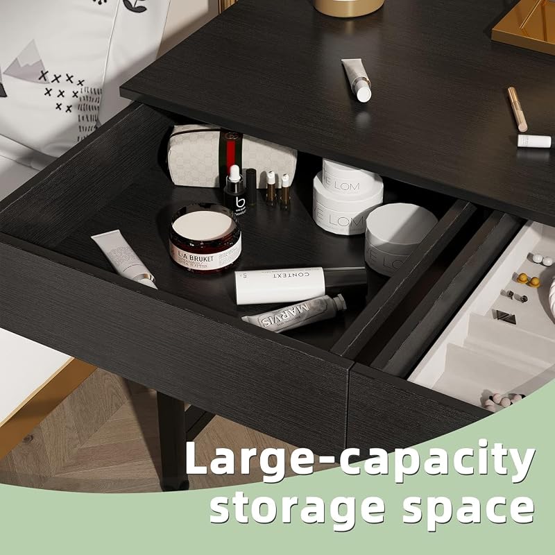 CAIYUN Small Computer Desk with Drawers - 39.4 Inch Desk with Storage, Black Wood & Metal